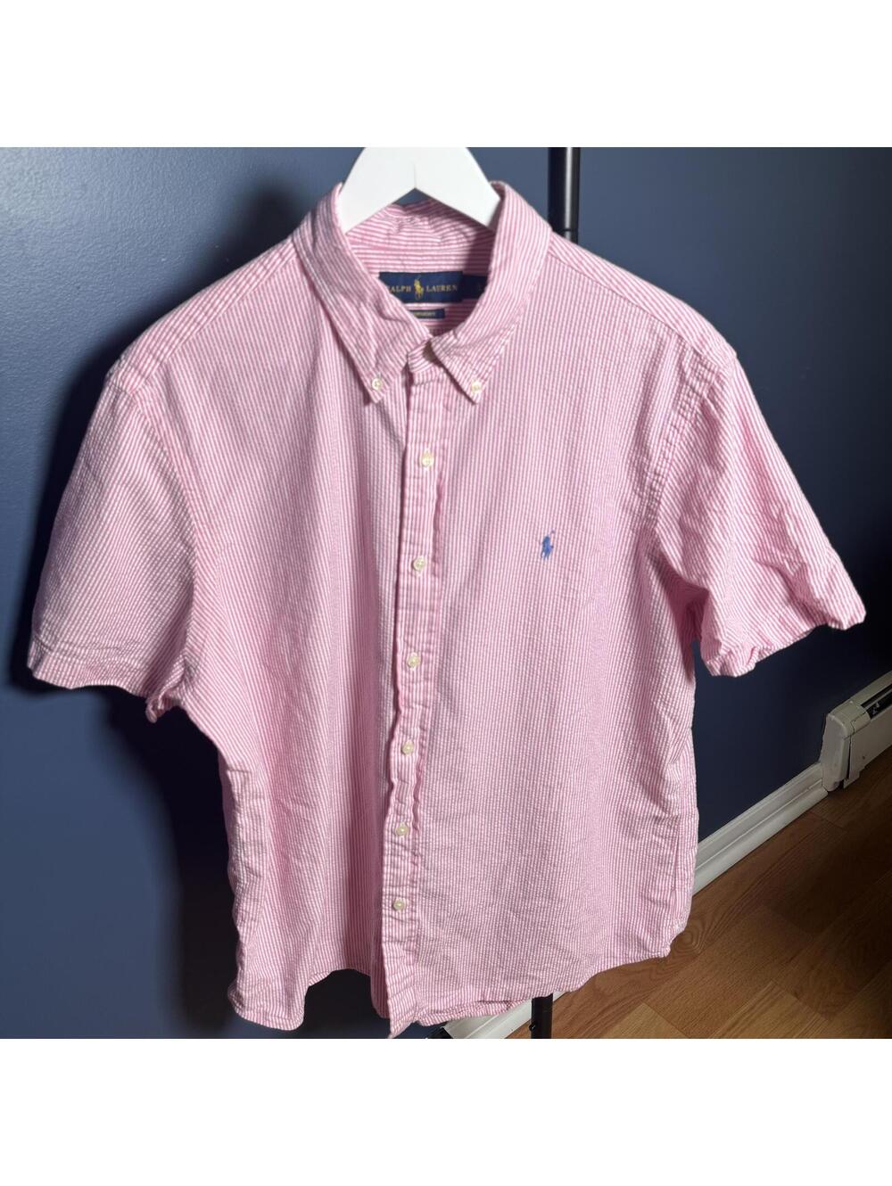 Polo Ralph Lauren Seersucker Shirt Pink White Stripe Button Down Short Sleeve XL